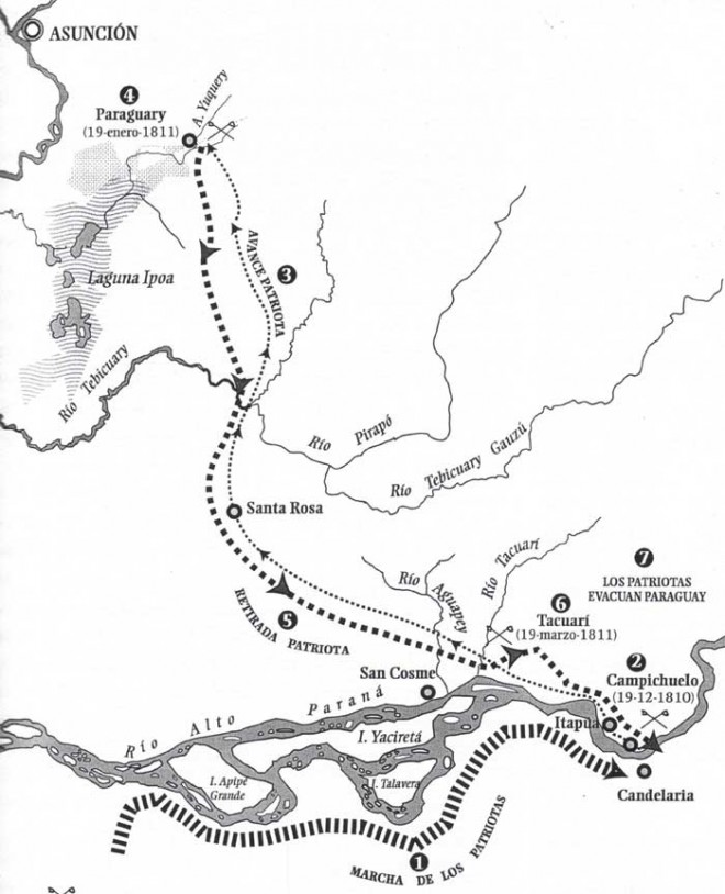 Itinerario de la expedición de Belgrano al paraguay (representación gráfica, de acuerdo al Atlas de martín Suárez).