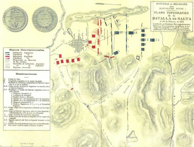 Plano de la batalla de Salta realizado por el Gral. Mitre e incluido en su libro de Historia de Belgrano y de la Independencia Argentina.